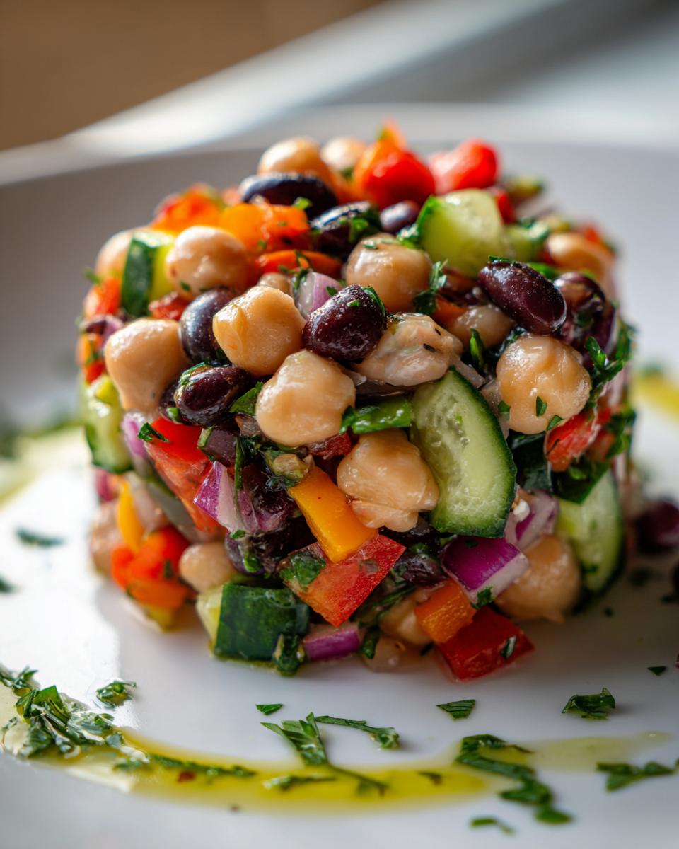 A beautifully plated, molded portion of vibrant bean salad featuring chickpeas, black beans, cucumber, and red onion.