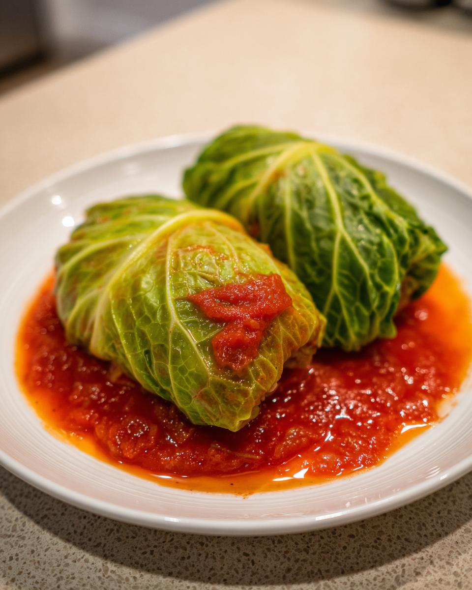 Two finished cabbage rolls served on a white plate swimming in a rich, red tomato sauce.