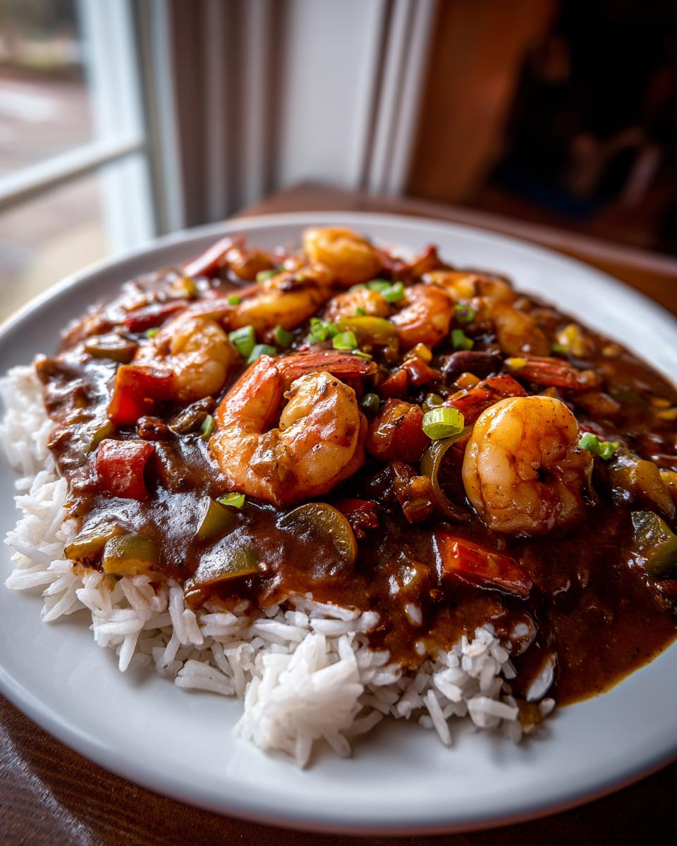 A close-up of savory shrimp etouffee, rich with dark roux and vegetables, generously spooned over fluffy white rice.