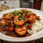 A close-up of a bowl of rich, dark shrimp etouffee served over white rice, garnished with chopped green onions.