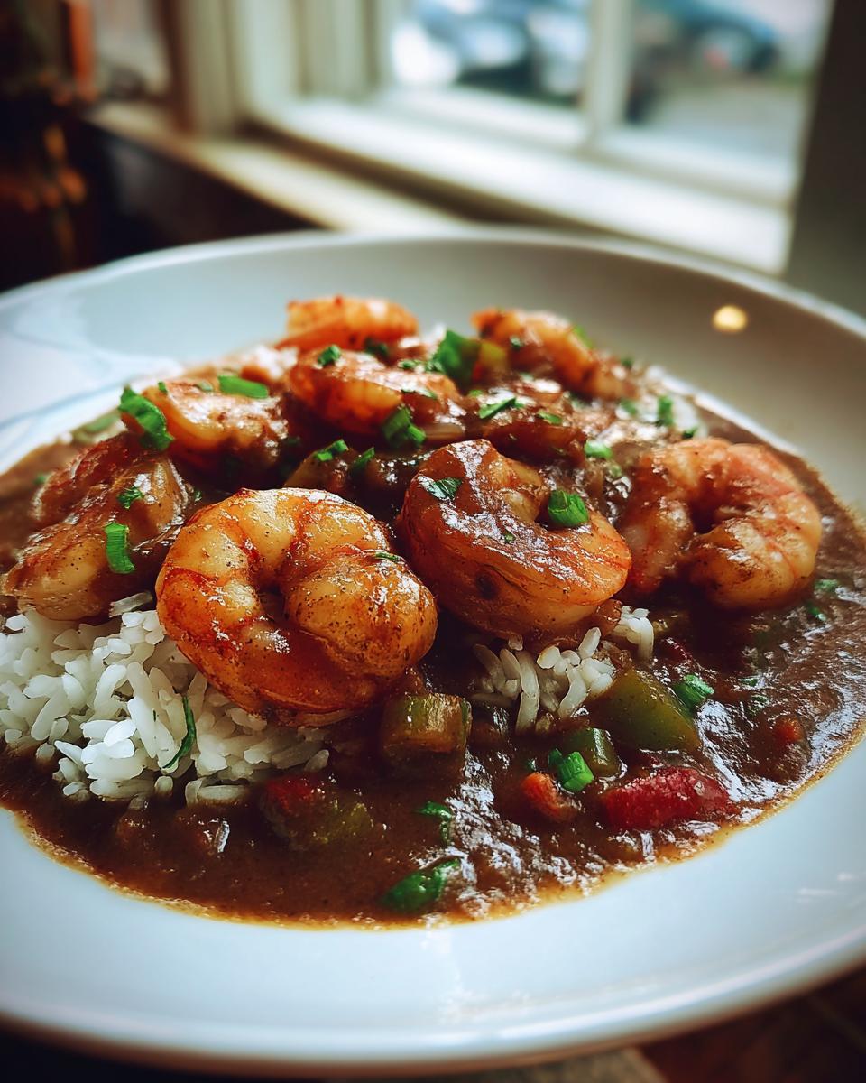 Close-up of a bowl of rich, dark shrimp etouffee served over white rice, topped with plump shrimp and green onions.