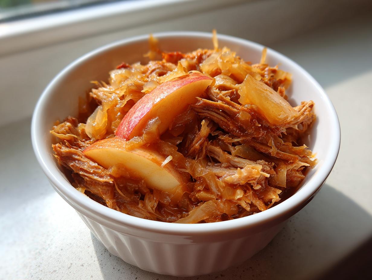 Close-up of shredded pork and sauerkraut mixed with caramelized onions and topped with fresh apple slices.