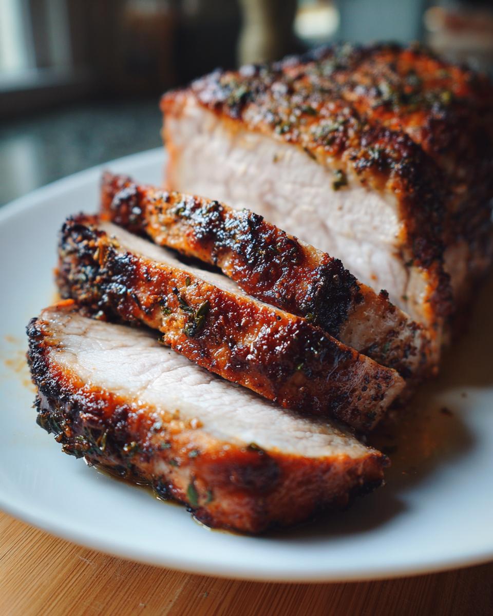 Close-up of a perfectly cooked pork loin roast, sliced to show the juicy interior and dark, herb-crusted exterior.