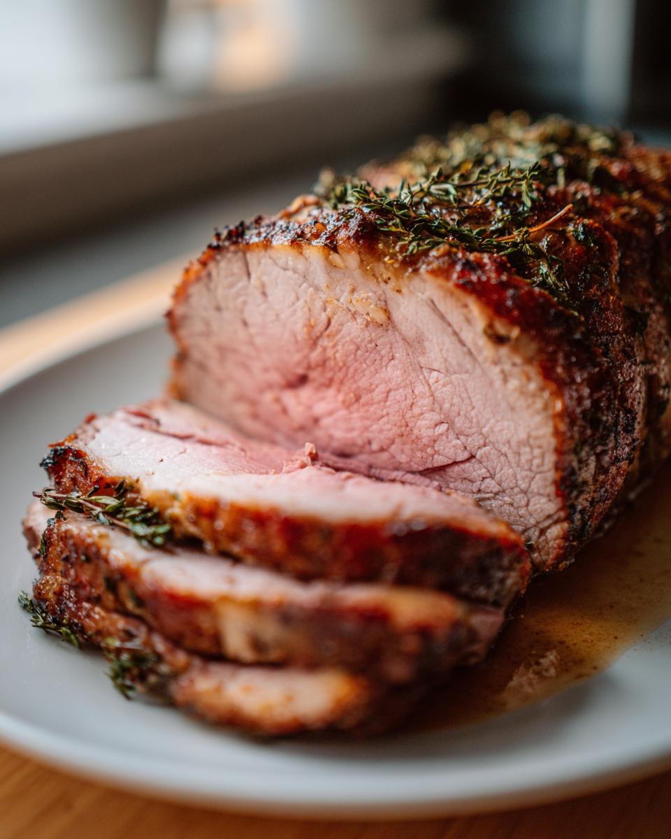 Close-up of a juicy, medium-rare pork loin roast, sliced and topped with fresh thyme.