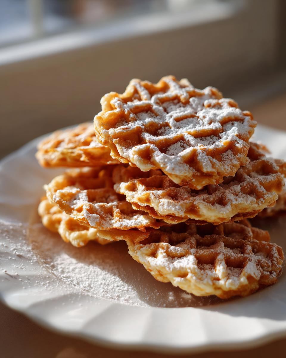 A stack of golden brown pizzelle cookies dusted heavily with powdered sugar on a white plate.