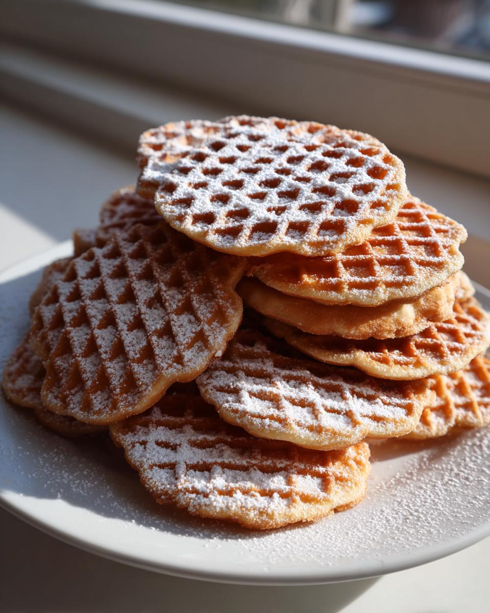 A tall stack of golden brown pizzelle cookies dusted generously with powdered sugar, sitting on a white plate.