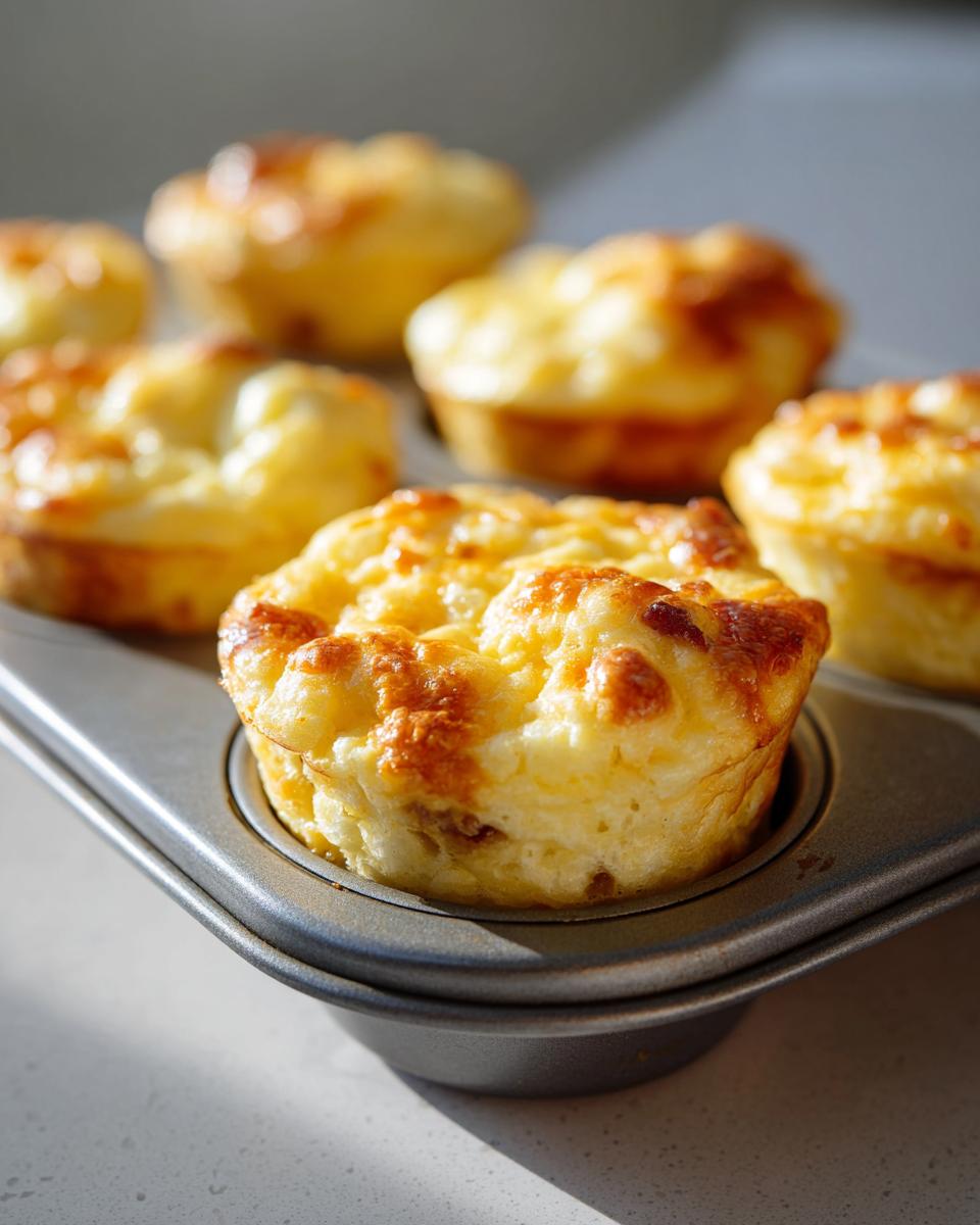Close-up of golden-brown, fluffy egg bites fresh out of a muffin tin, perfect for a protein-packed breakfast.
