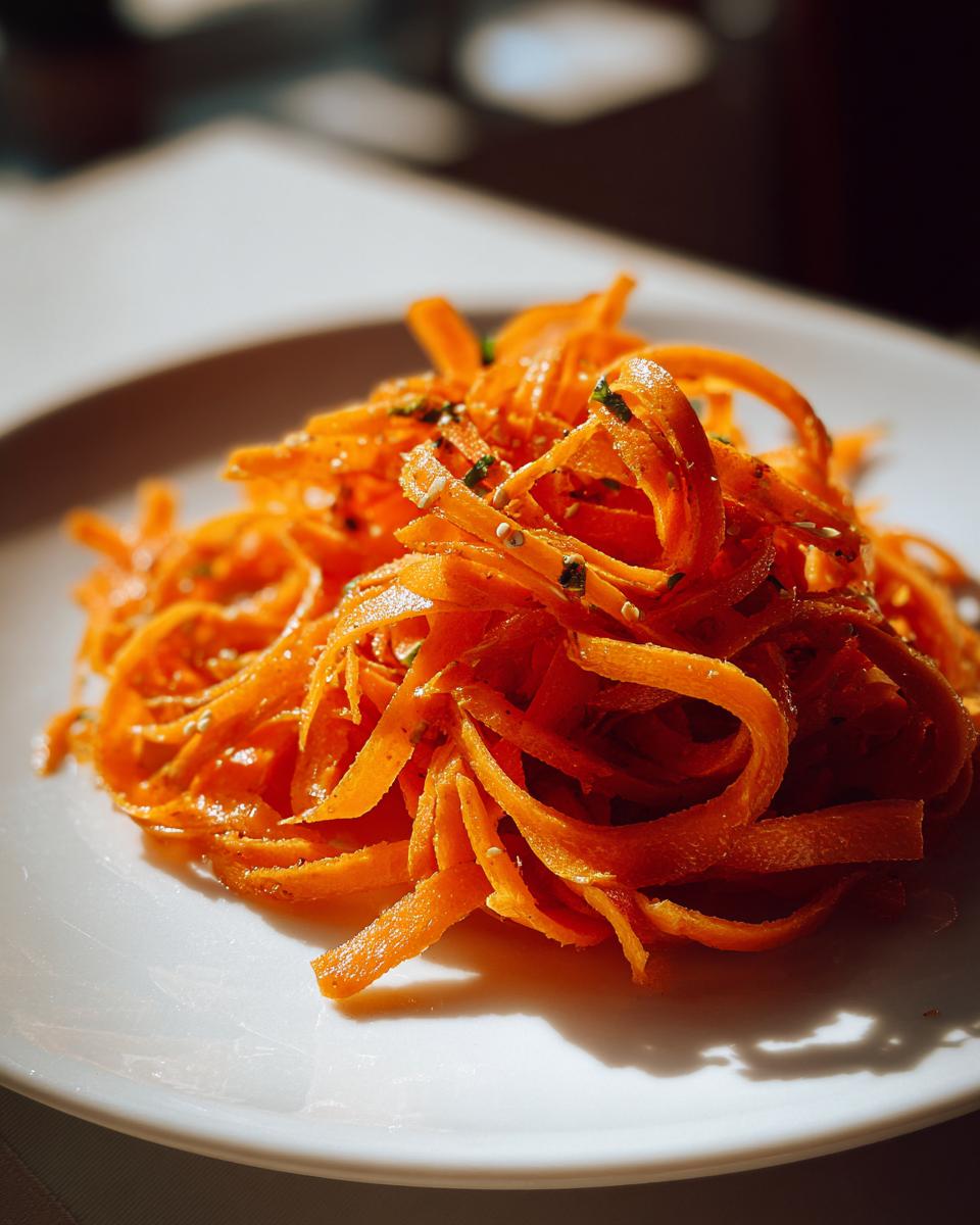 Close-up of a vibrant raw carrot salad made with shaved carrots, seasoned with herbs and sesame seeds.
