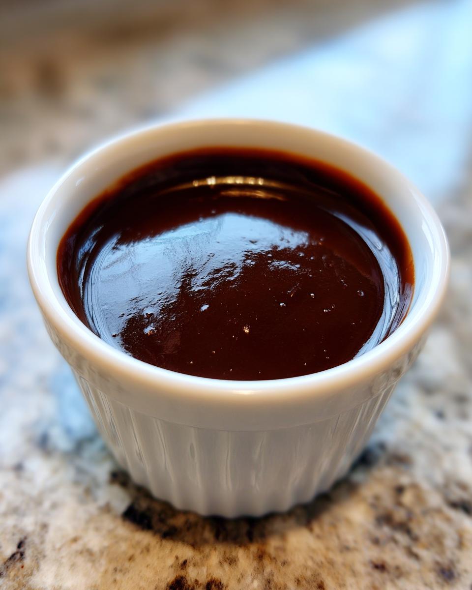 Close-up of a small white ramekin filled with glossy, dark brown chocolate dip.