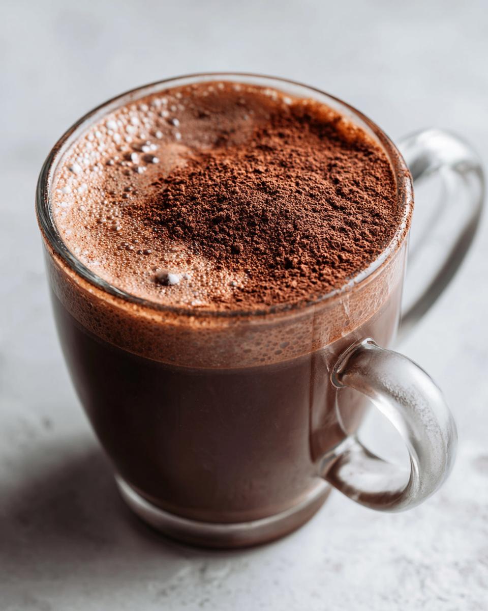 Close-up of a mug filled with rich hot cocoa mix, topped with a dusting of cocoa powder.