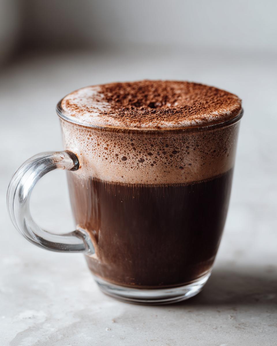 A clear glass mug filled with rich, dark hot cocoa topped with foam and dusted with cocoa powder.