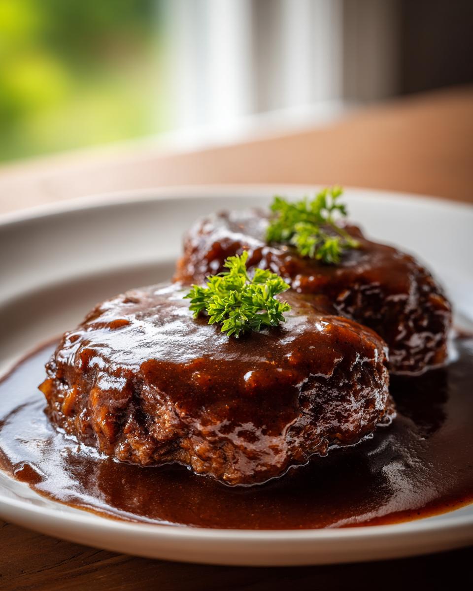 Two juicy salisbury steak patties smothered in thick, dark brown gravy and garnished with fresh parsley.