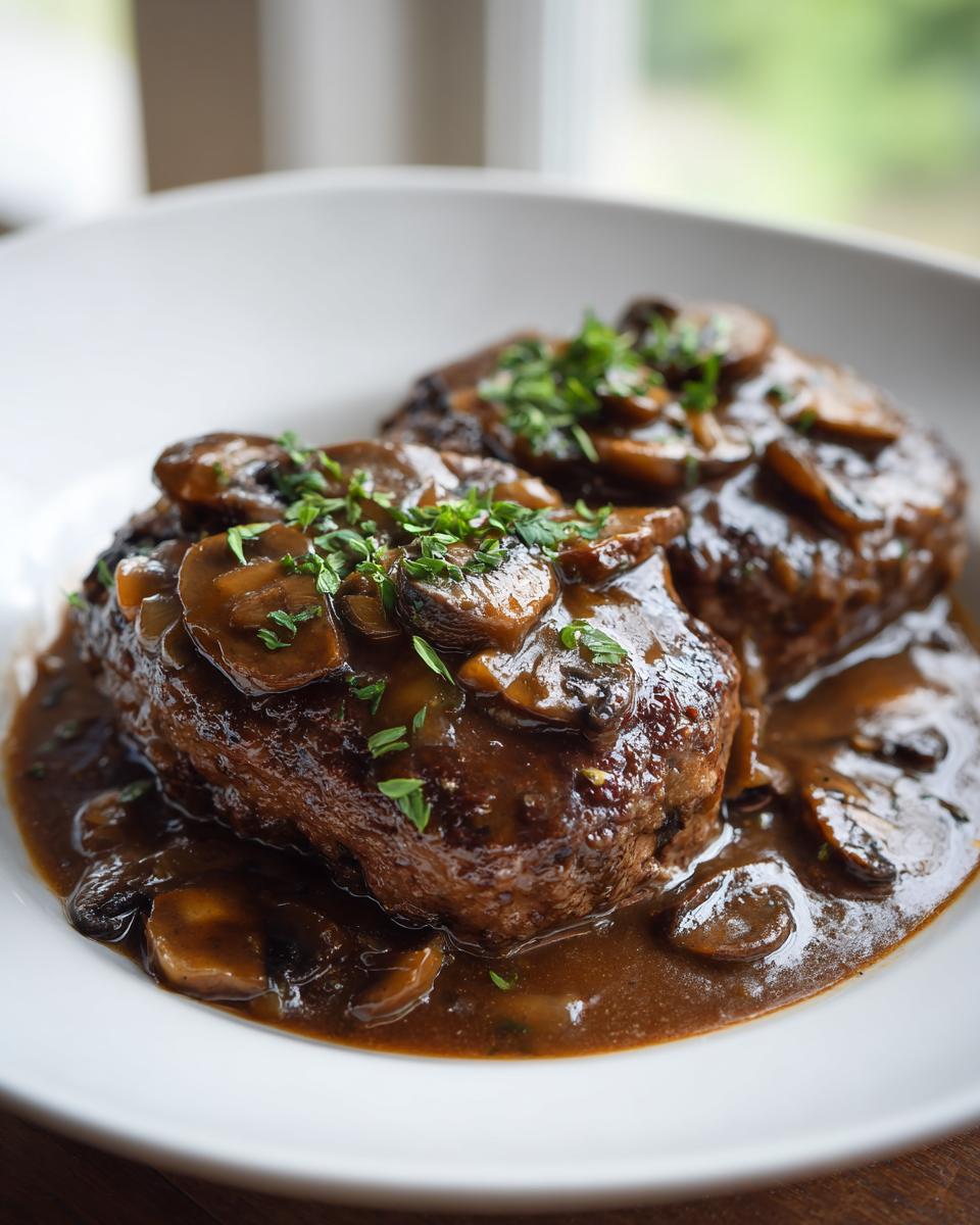 Two perfectly cooked salisbury steak patties smothered in rich brown mushroom gravy and fresh parsley.
