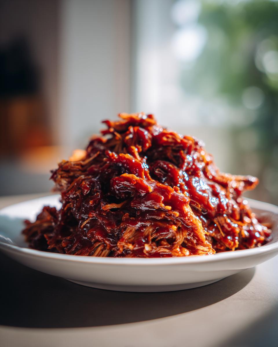 Close-up of a generous serving of saucy, shredded slow cooker pulled pork piled high on a white plate.