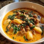 Close-up of creamy sausage gnocchi soup featuring potato dumplings, crumbled sausage, and wilted spinach.