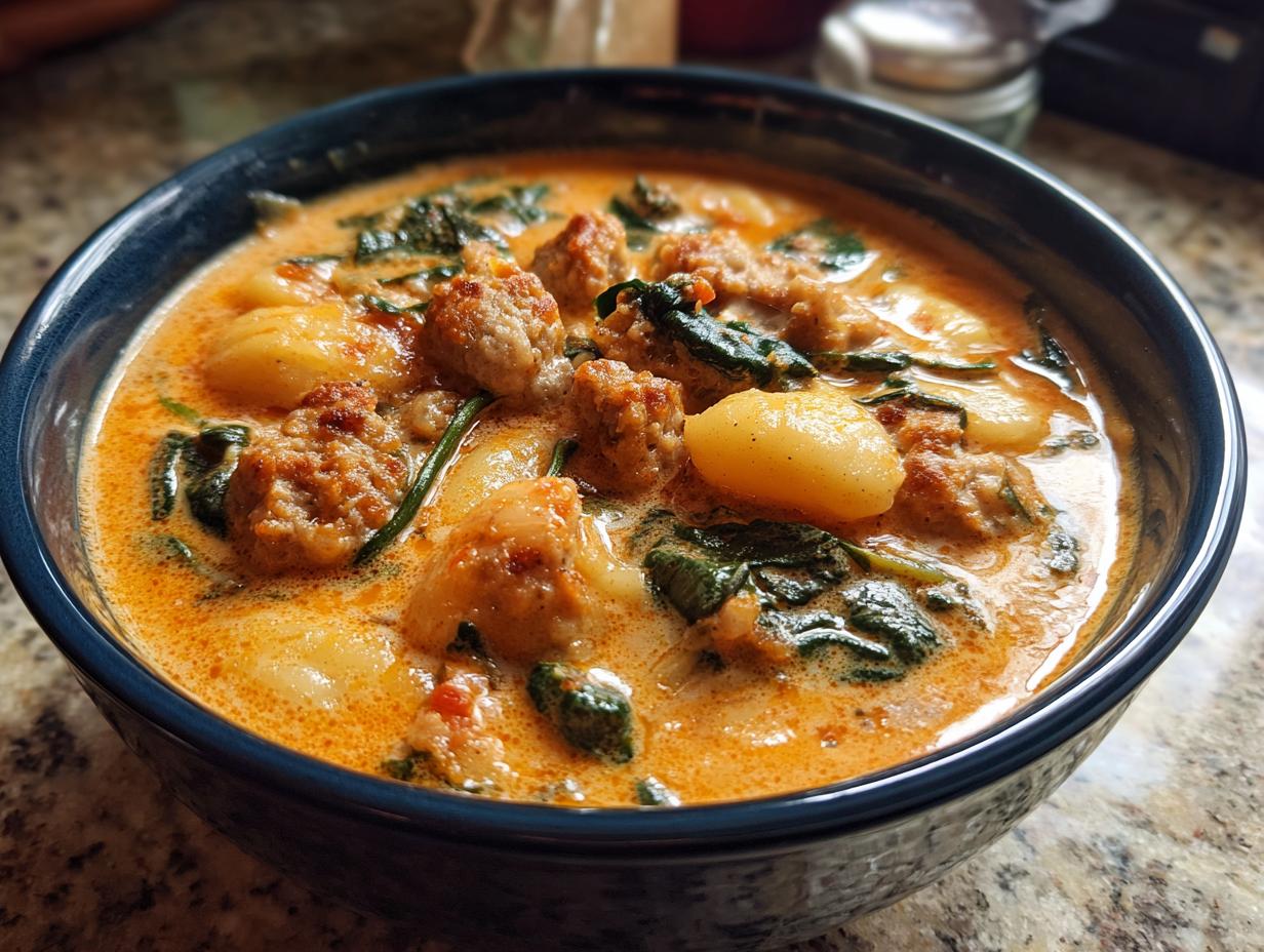 Close-up of a hearty bowl of creamy sausage gnocchi soup with spinach.