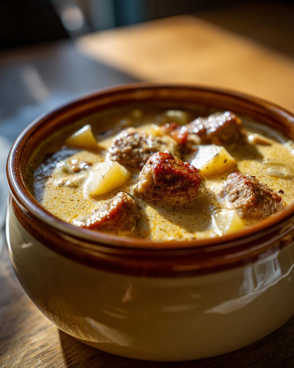 Close-up of a rich, creamy sausage potato soup served in a brown-rimmed bowl, highlighting chunks of sausage and potato.