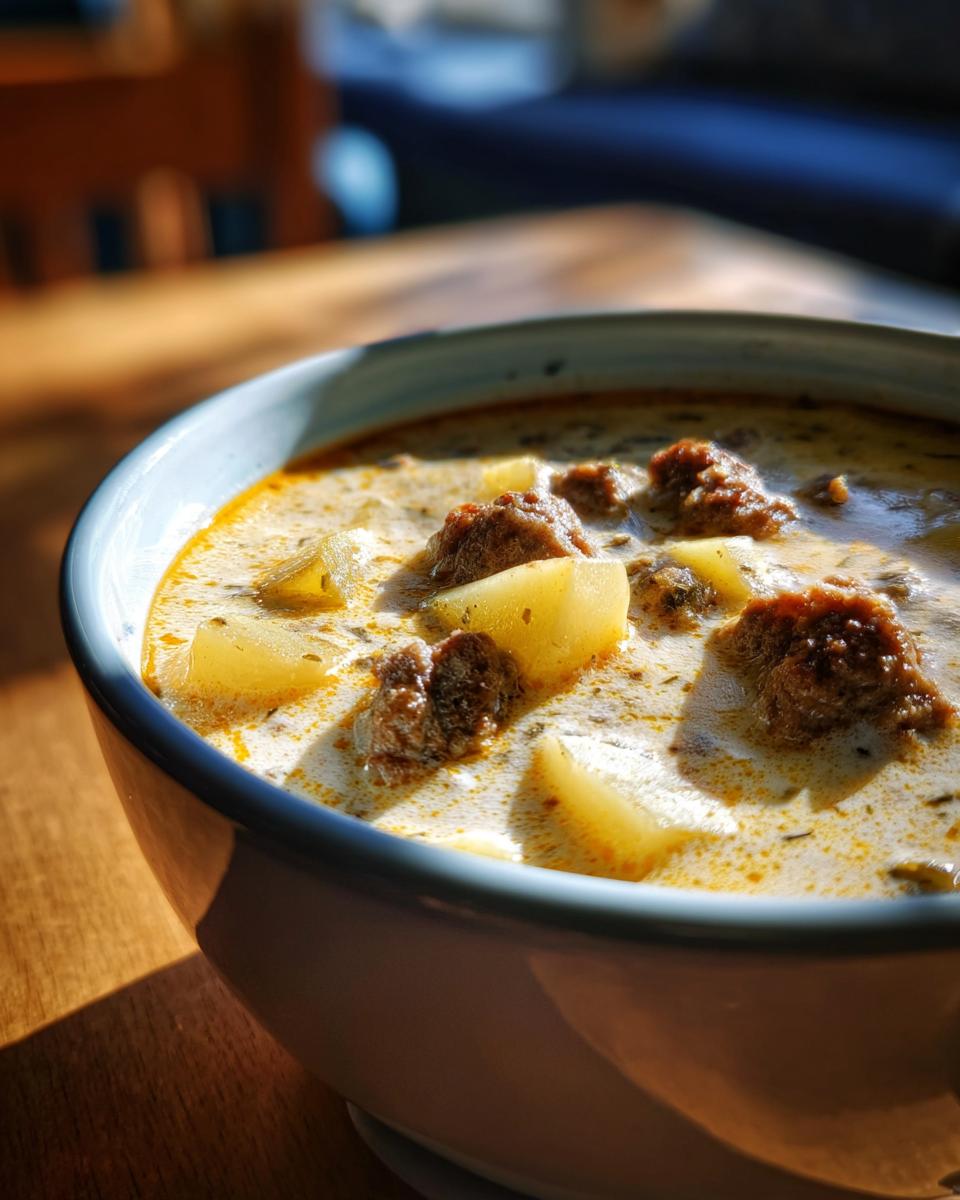 Close-up of a bowl of creamy sausage potato soup featuring chunks of sausage and potatoes, highlighted by natural sunlight.