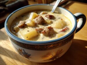 Close-up of a hearty bowl of sausage potato soup, featuring chunks of sausage and potato in a creamy broth.