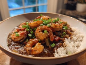 A close-up of a bowl of rich, dark shrimp etouffee served alongside fluffy white rice and topped with fresh green onions.