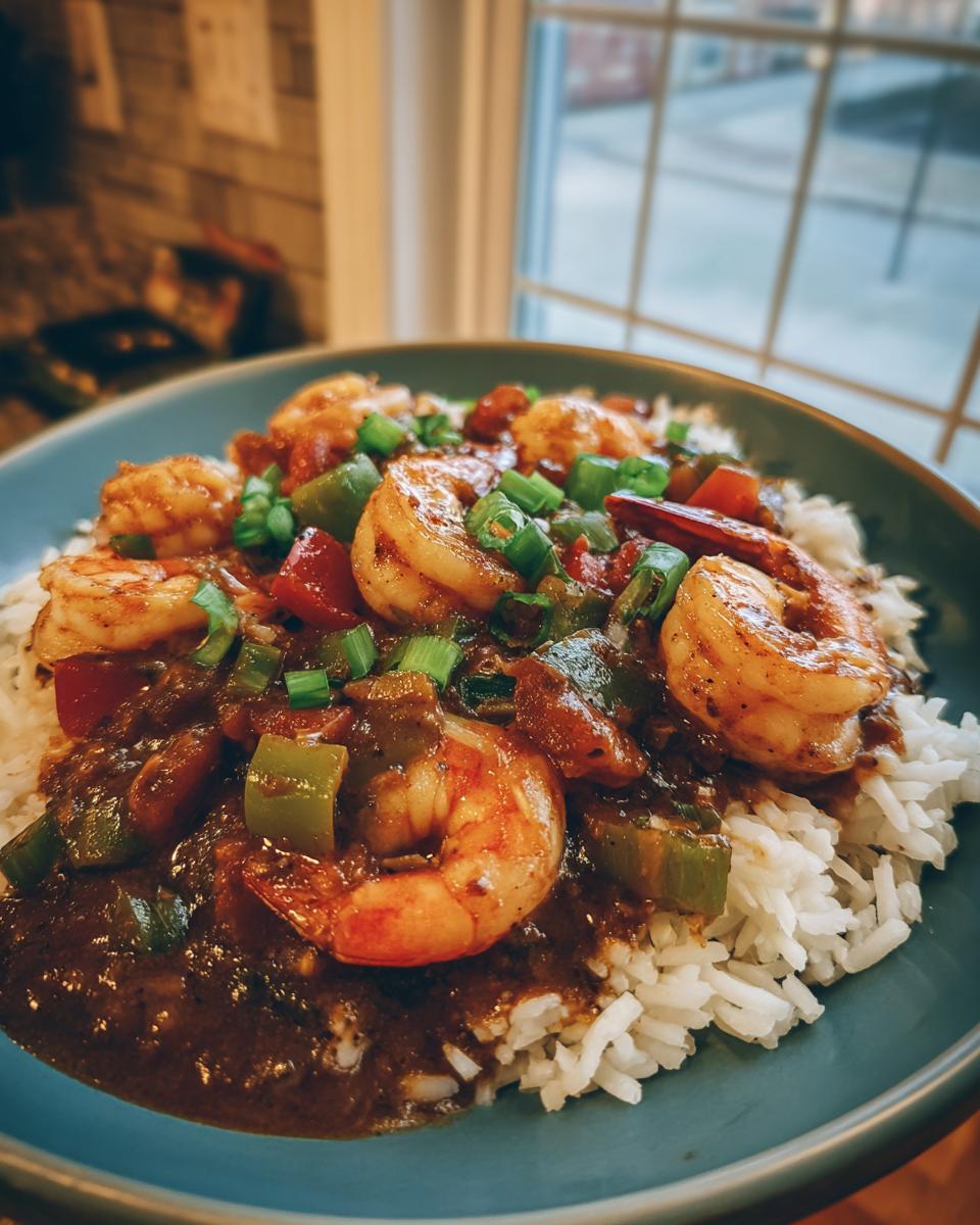 Close-up of savory shrimp etouffee with plump shrimp and vegetables served over fluffy white rice.