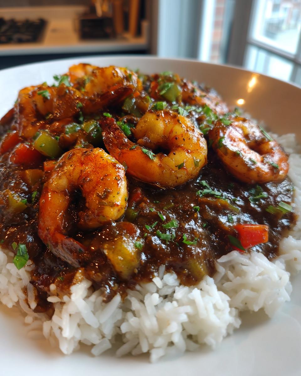 Close-up of savory shrimp etouffee with a dark roux sauce served generously over fluffy white rice.