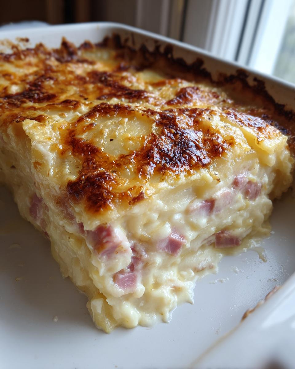 A close-up view of a serving of creamy scalloped potatoes and ham casserole with a bubbly, browned cheese crust.