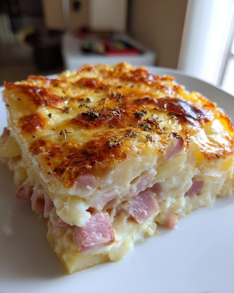 A close-up slice of rich scalloped potatoes and ham layered with creamy sauce and topped with browned, cheesy crust.