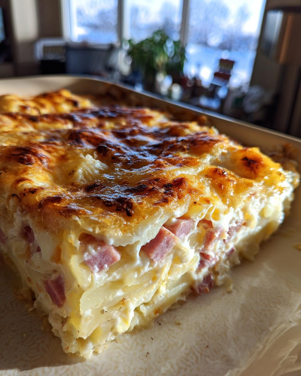 A close-up, angled shot of a hearty slice of scalloped potatoes and ham with a bubbly, browned cheese topping.