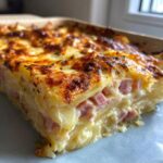 Close-up of a thick slice of baked scalloped potatoes and ham, showing creamy layers and a golden, bubbly cheese crust.