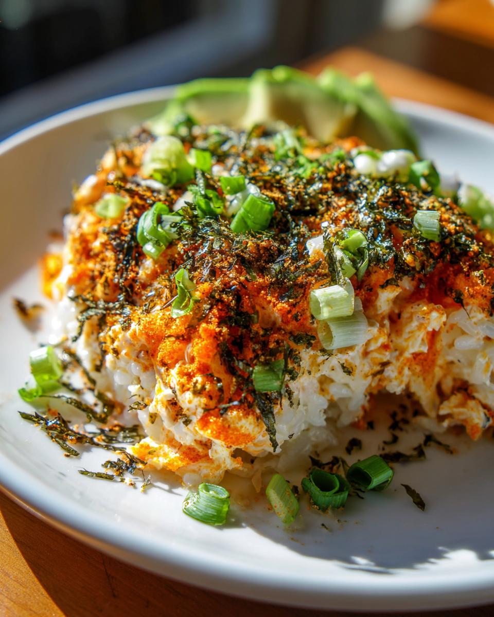 Close-up of a scoop of creamy sushi bake topped generously with orange seasoning, furikake, and fresh green onions.