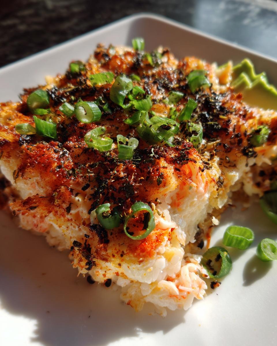 Close-up of a scoop of creamy, baked sushi bake topped with furikake and fresh green onions.