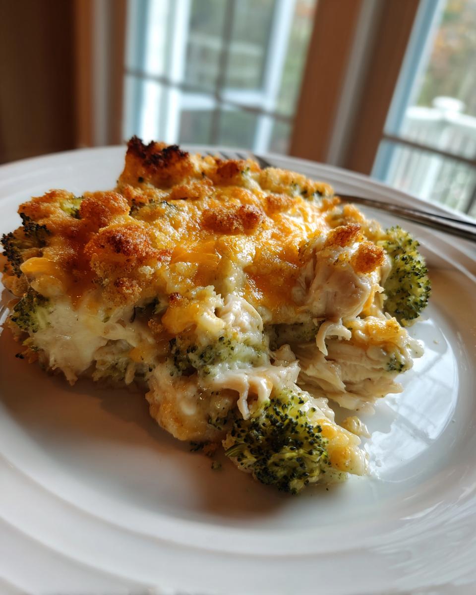 A close-up of a serving of creamy Chicken Divan with broccoli florets and a browned, cheesy topping on a white plate.