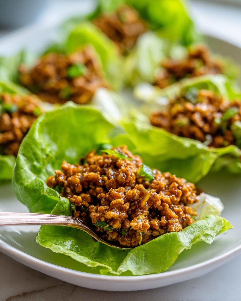 Close-up of a spoonful of savory filling being placed into a crisp lettuce cup for chicken lettuce wraps.