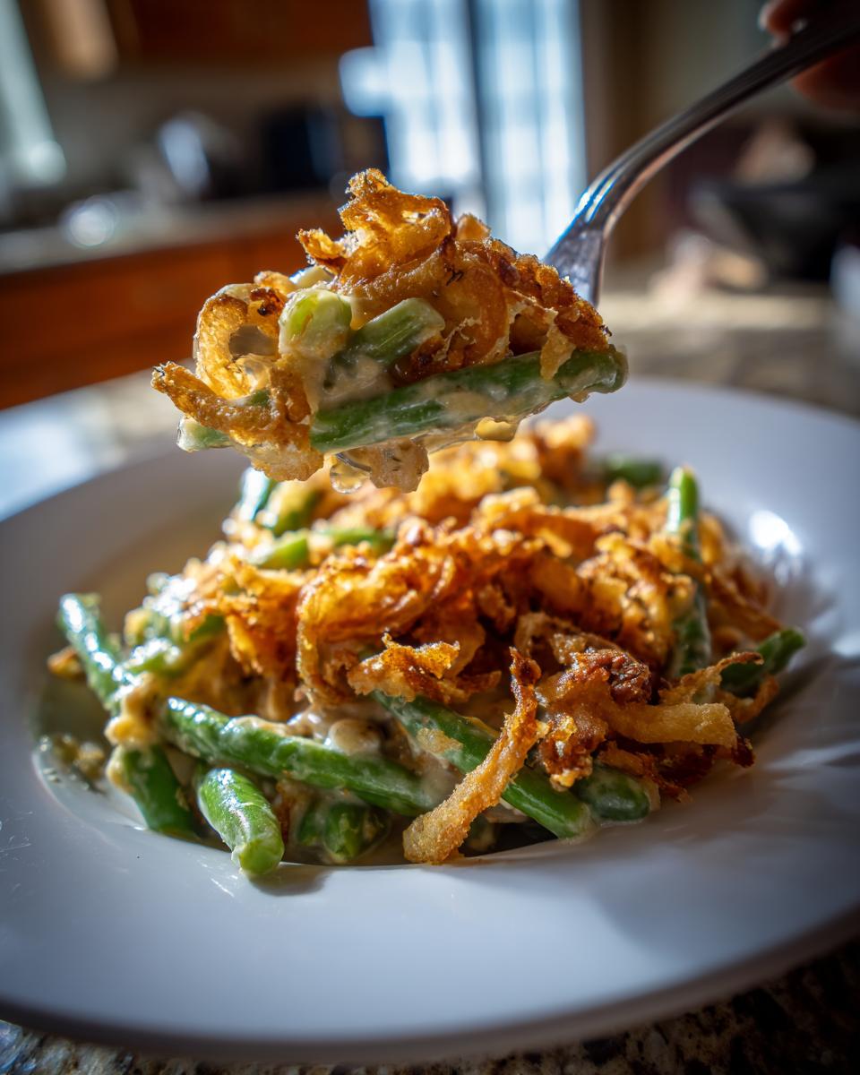 A fork lifts a bite of creamy green bean casserole topped with crispy fried onions.