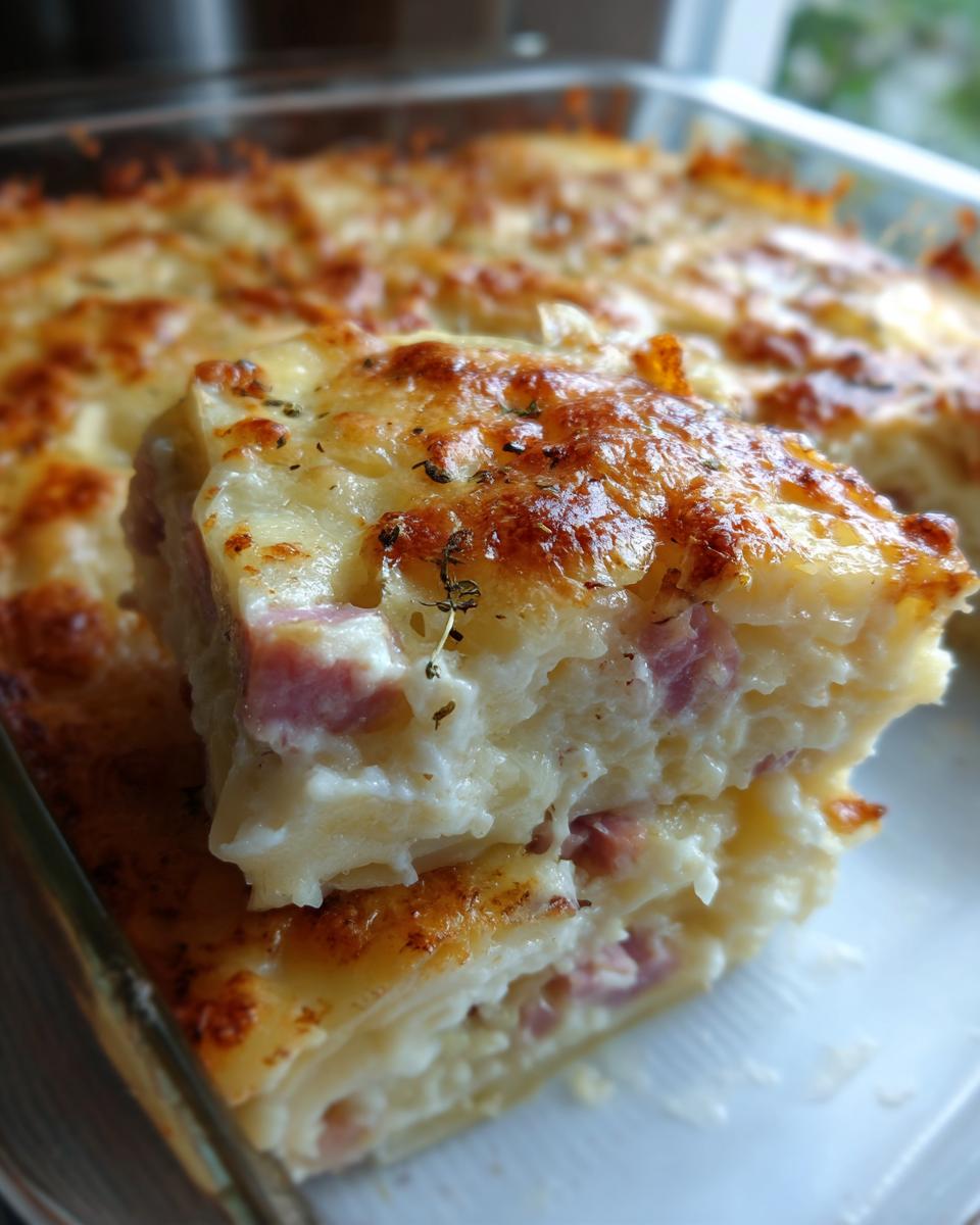 A close-up serving of cheesy scalloped potatoes and ham lifted from a glass baking dish, showing layers of creamy sauce and browned cheese topping.
