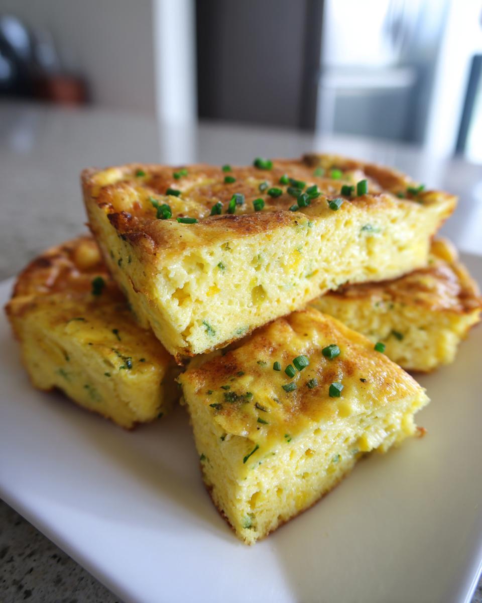 Four square portions of fluffy, baked sheet pan eggs, garnished with fresh green chives, stacked on a white plate.