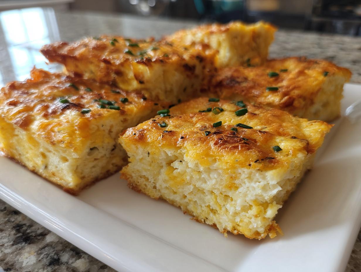 Four squares of fluffy, cheesy sheet pan eggs topped with fresh chives on a white platter.