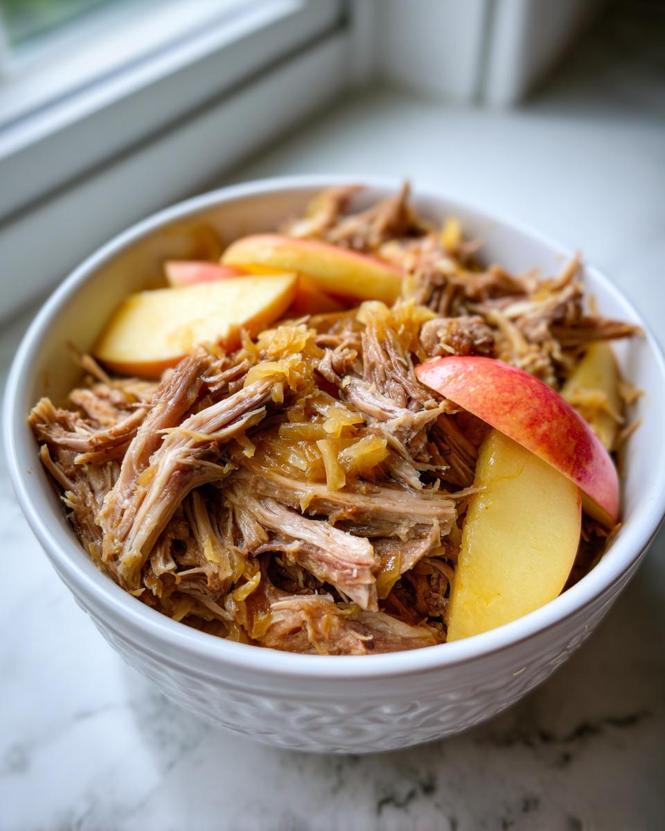 A white bowl filled with shredded pork and sauerkraut, garnished with fresh red apple slices.