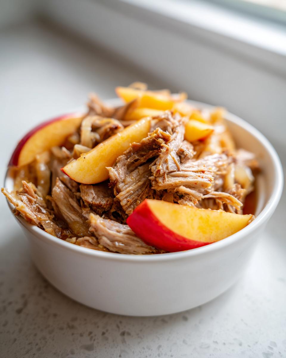 Shredded pork and sauerkraut served in a white bowl, garnished with fresh apple slices.