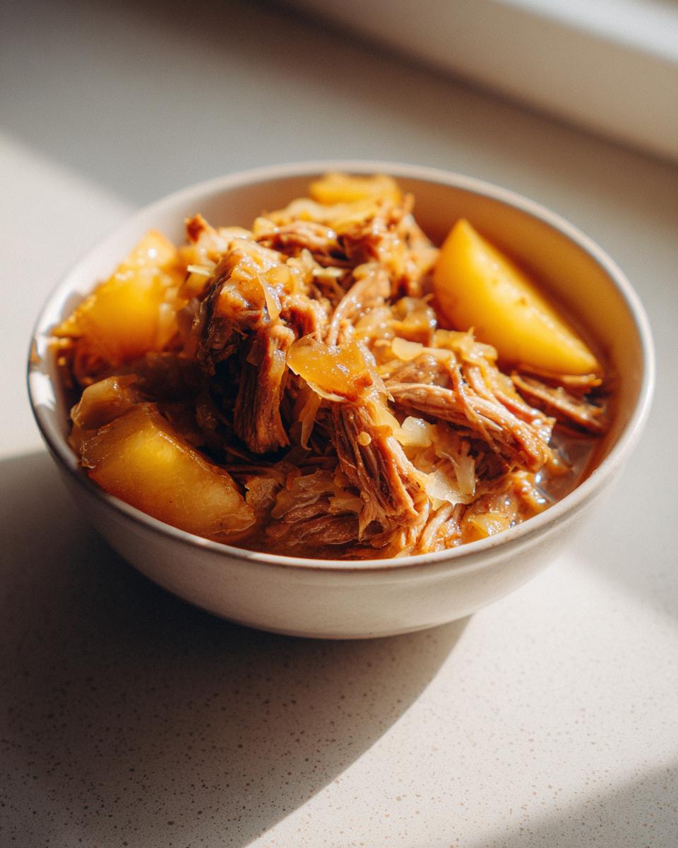 A close-up of a bowl filled with tender shredded pork and sauerkraut, featuring chunks of potato.