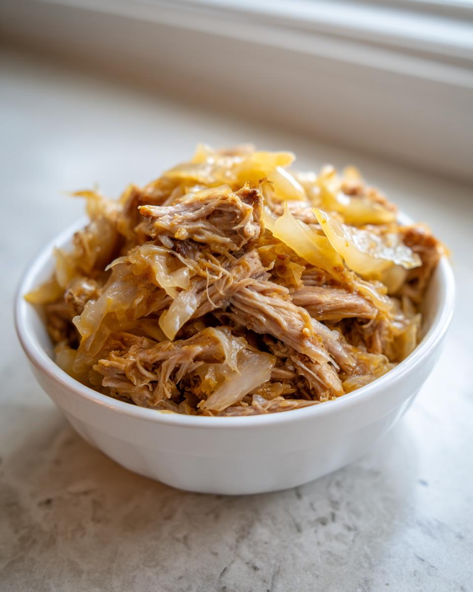 Close-up of tender shredded pork and caramelized sauerkraut served in a small white bowl.