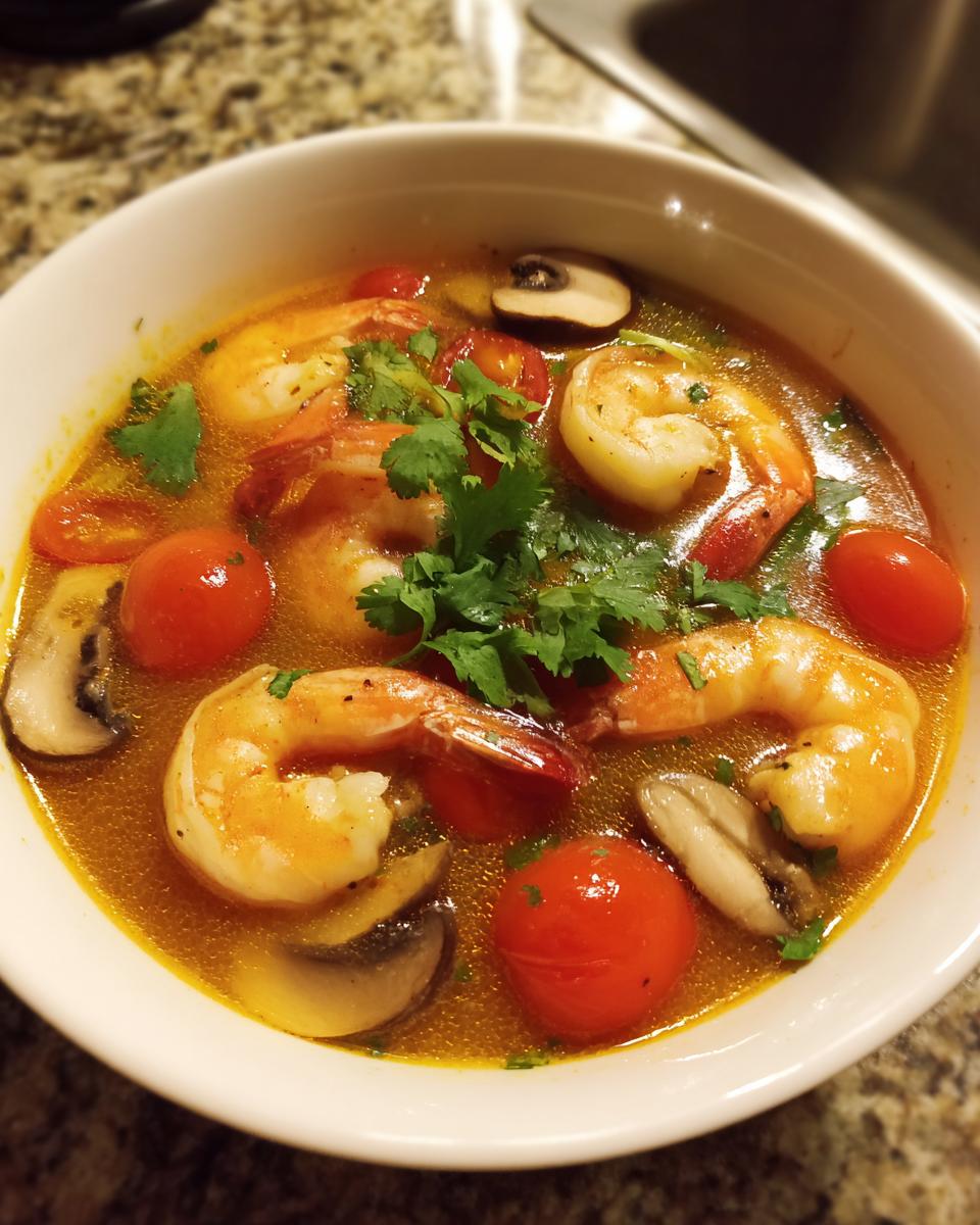 A close-up view of a white bowl filled with vibrant, orange-red tom yum soup featuring large shrimp, cherry tomatoes, mushrooms, and cilantro.