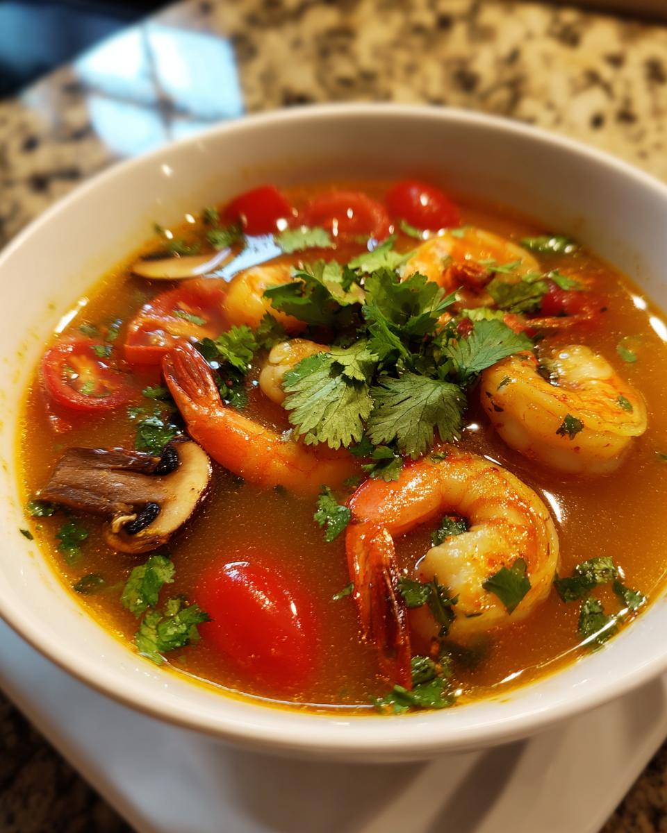 Close-up of vibrant, spicy tom yum soup featuring large shrimp, cherry tomatoes, mushrooms, and fresh cilantro garnish.