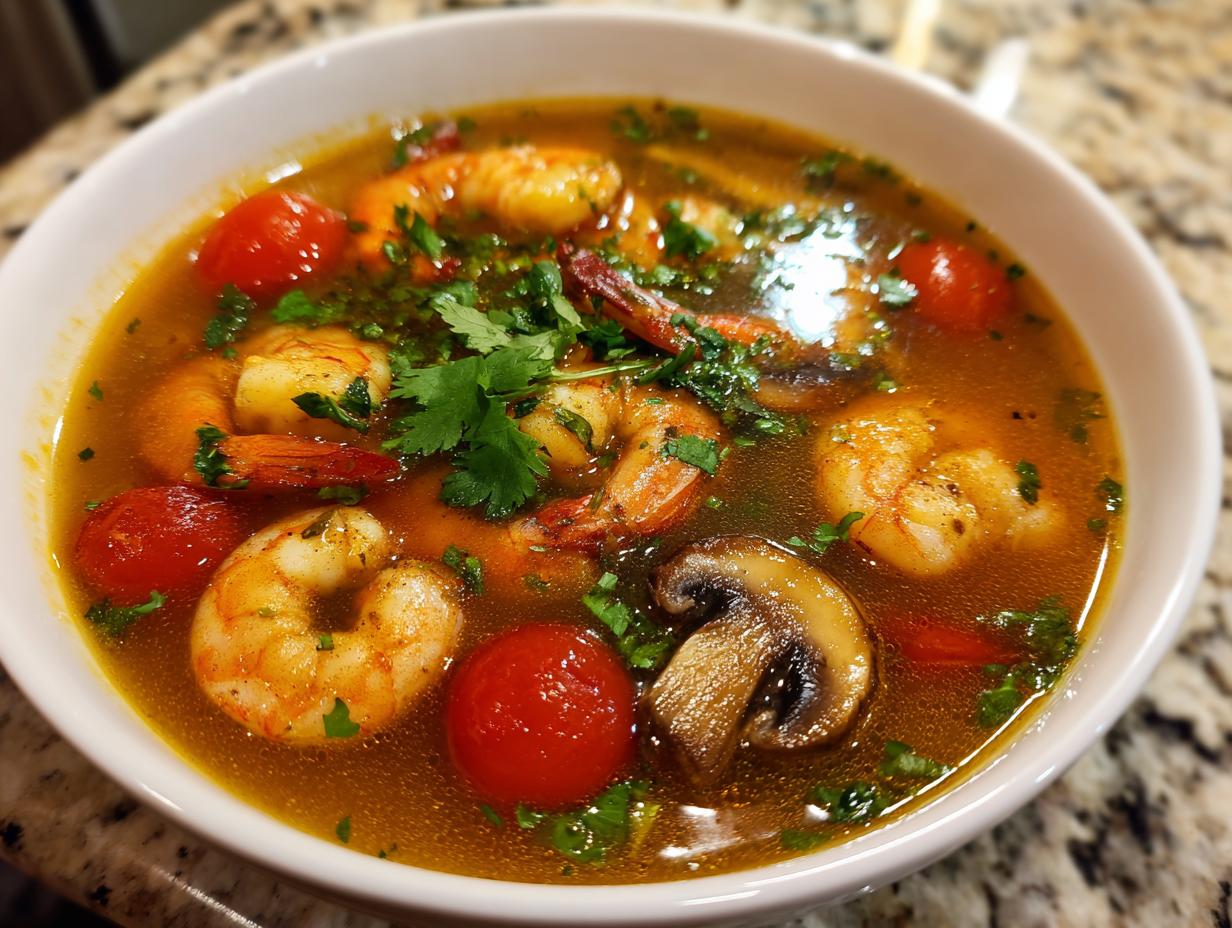 Close-up of a white bowl filled with rich, spicy tom yum soup featuring plump shrimp, cherry tomatoes, and sliced mushrooms.