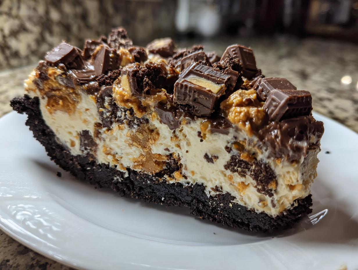 A decadent slice of butterfinger pie featuring a dark chocolate crust, creamy filling, and topped with chopped peanut butter cups.