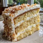 A tall, moist slice of coconut cake with white frosting and toasted coconut flakes on top and sides.