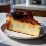 A thick slice of Basque cheesecake showing its creamy interior and signature dark, caramelized top.