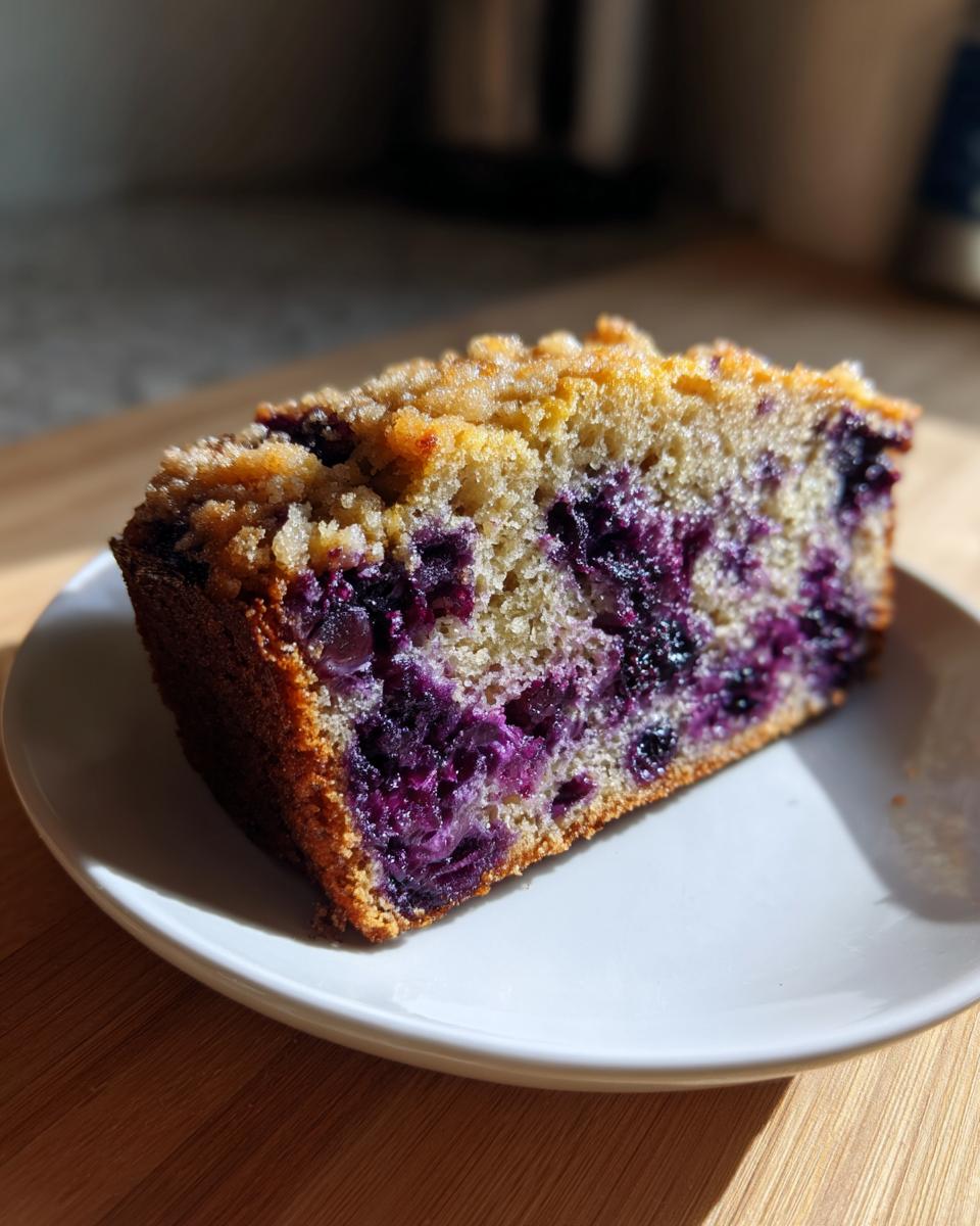 A close-up slice of moist blueberry banana bread featuring vibrant purple blueberries and a golden crumb topping.