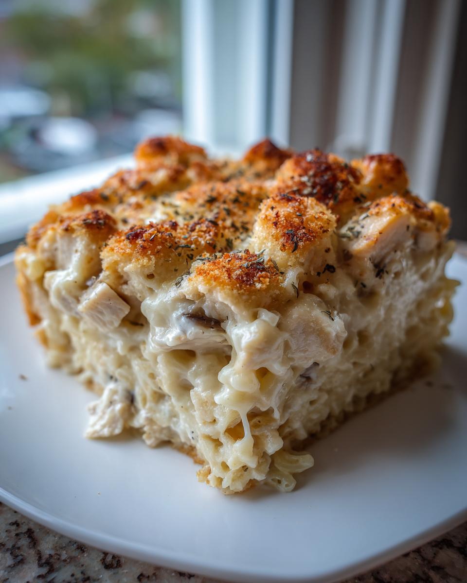 A close-up slice of baked cheesy chicken and rice casserole with a golden, herbed crumb topping.
